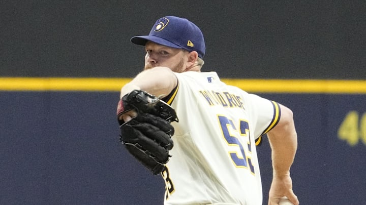 Mar 31, 2026; Milwaukee, Wisconsin, USA; Milwaukee Brewers pitcher Brandon Woodruff (53) delivers a pitch against the Tampa Bay Rays in the first inning at American Family Field. Mandatory Credit: Michael McLoone-Imagn Images