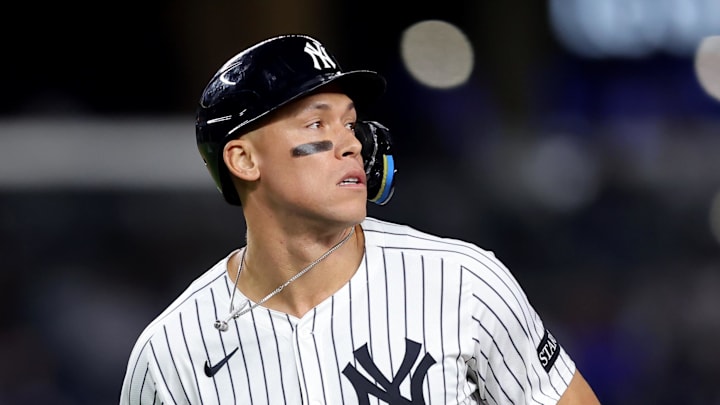Jun 3, 2025; Bronx, New York, USA; New York Yankees right fielder Aaron Judge (99) reacts after being thrown out attempting to steal second base during the eighth inning against the Cleveland Guardians at Yankee Stadium. Mandatory Credit: Brad Penner-Imagn Images