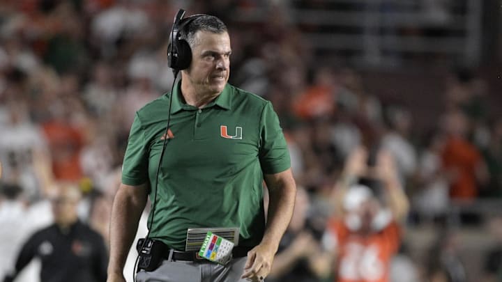 Oct 4, 2025; Tallahassee, Florida, USA; Miami Hurricanes head coach Mario Cristobal during the second half against the Florida State Seminoles at Doak S. Campbell Stadium. Mandatory Credit: Melina Myers-Imagn Images