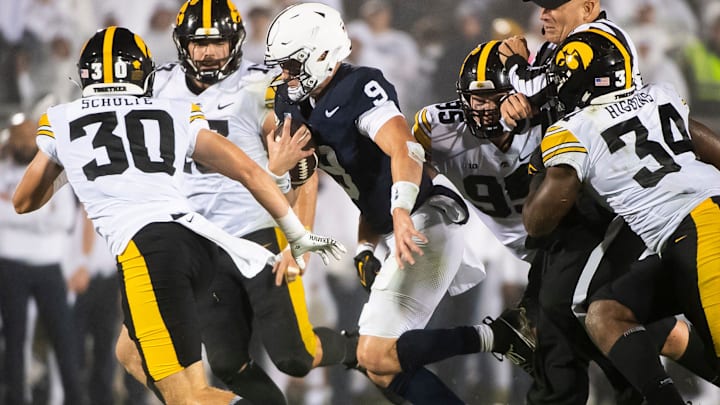 Penn State quarterback Beau Pribula (9) runs with the ball during a White Out football game against Iowa Saturday, Sept. 23, 2023, in State College, Pa. The Nittany Lions shut out the Hawkeyes, 31-0.