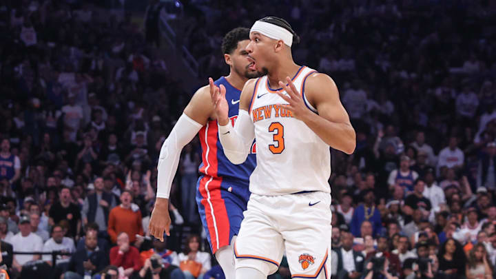 Apr 19, 2025; New York, New York, USA; New York Knicks guard Josh Hart (3) reacts after getting called for a foul against the Detroit Pistons in Game One of the First Round of the NBA Playoffs at Madison Square Garden. Mandatory Credit: Wendell Cruz-Imagn Images
