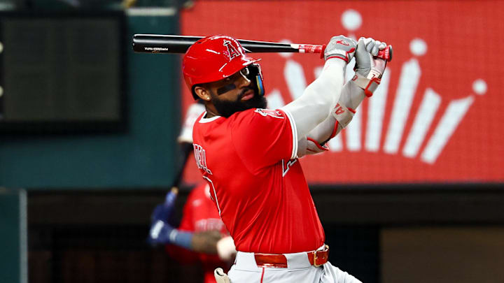 Aug 27, 2025; Arlington, Texas, USA; Los Angeles Angels right fielder Jo Adell (7) hits an rbi double during the first inning against the Texas Rangers at Globe Life Field. Mandatory Credit: Kevin Jairaj-Imagn Images Aug 27, 2025; Arlington, Texas, USA; Los Angeles Angels right fielder Jo Adell (7) hits an rbi double during the first inning against the Texas Rangers at Globe Life Field. Mandatory Credit: Kevin Jairaj-Imagn Images