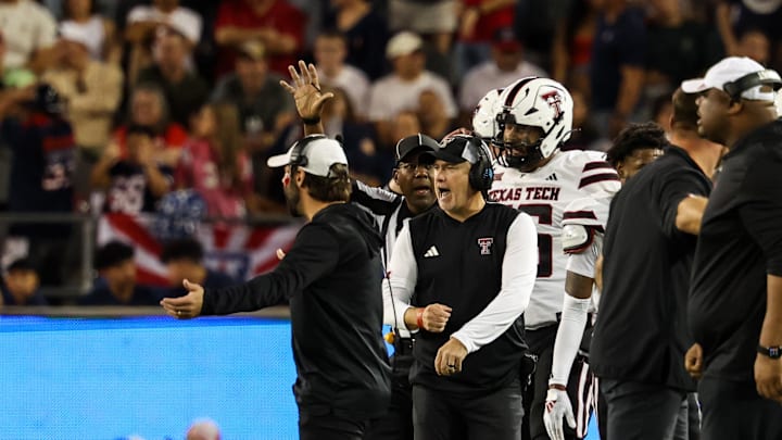 Oct 5, 2024; Tucson, Arizona, USA; Texas Tech Red Raiders head coach Joey McGuire . Mandatory Credit: Aryanna Frank-Imagn Images