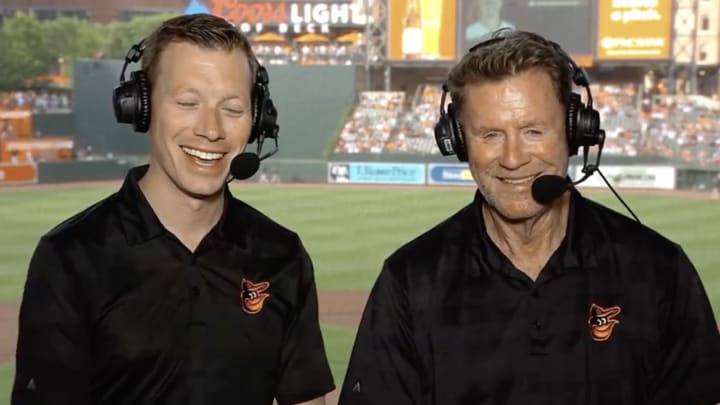 Orioles' announcers Kevin Brown and Jim Palmer share a laugh about the team's troubles in Tampa Bay. Similar comments got Brown suspended last season.