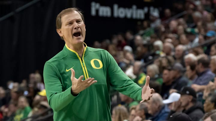 Oregon head coach Dana Altman calls to the bench as the Oregon Ducks host the Indiana Hoosiers Tuesday, March 4, 2025, at Matthew Knight Arena in Eugene, Ore.