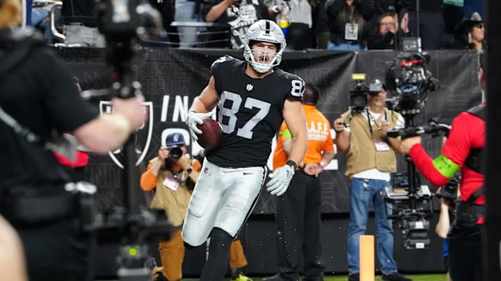 Dec 14, 2023; Paradise, Nevada, USA; Las Vegas Raiders tight end Michael Mayer (87) celebrates after scoring a touchdown in the second quarter against the Los Angeles Chargers at Allegiant Stadium. Mandatory Credit: Stephen R. Sylvanie-Imagn Images