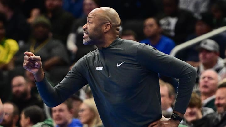 Orlando Magic head coach Jamahl Mosley calls a play in the third quarter against the Milwaukee Bucks at Fiserv Forum. Orlando Magic head coach Jamahl Mosley calls a play in the third quarter against the Milwaukee Bucks at Fiserv Forum.