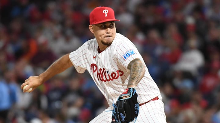 Philadelphia Phillies pitcher Orion Kerkering (50) throws a pitch during the seventh inning against the Atlanta Braves at Citizens Bank Park. 