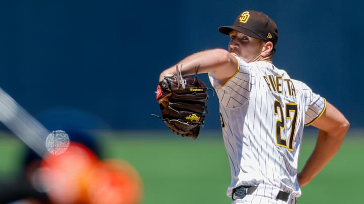 Mar 26, 2026; San Diego, California, USA; San Diego Padres starting pitcher Nick Pivetta (27) throws a pitch during the first inning Detroit Tigers at Petco Park. Mandatory Credit: David Frerker-Imagn Images