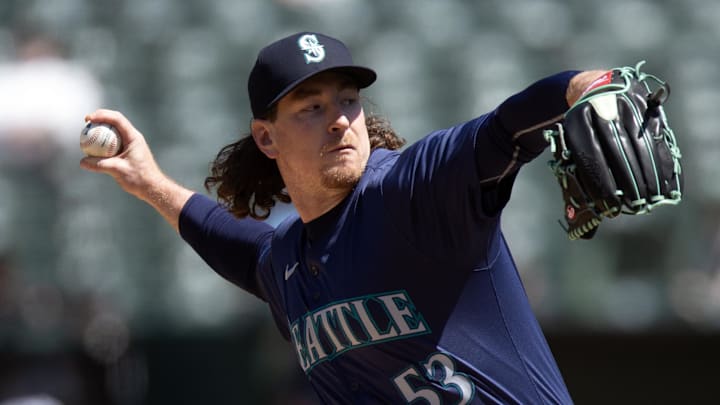 Seattle Mariners pitcher Mike Baumann (53) delivers a pitch against the Oakland Athletics during the eighth inning at Oakland-Alameda County Coliseum on June 6, 2024.