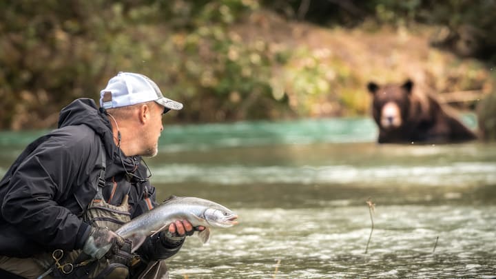 A fly angler having second thoughts about posing for a photo. 