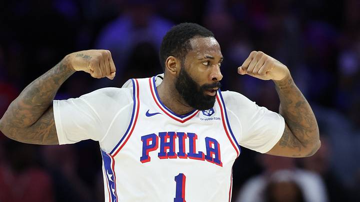 Philadelphia 76ers center Andre Drummond (1) reacts to his score against the Boston Celtics during the second quarter at Xfinity Mobile Arena on Apr 30, 2026.