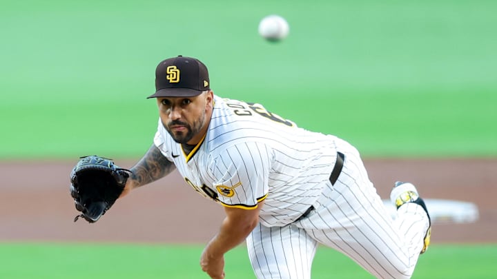 Aug 18, 2025; San Diego, California, USA; San Diego Padres starting pitcher Nestor Cortes (65) throws a pitch during the first inning against the San Francisco Giants at Petco Park. Mandatory Credit: David Frerker-Imagn Images