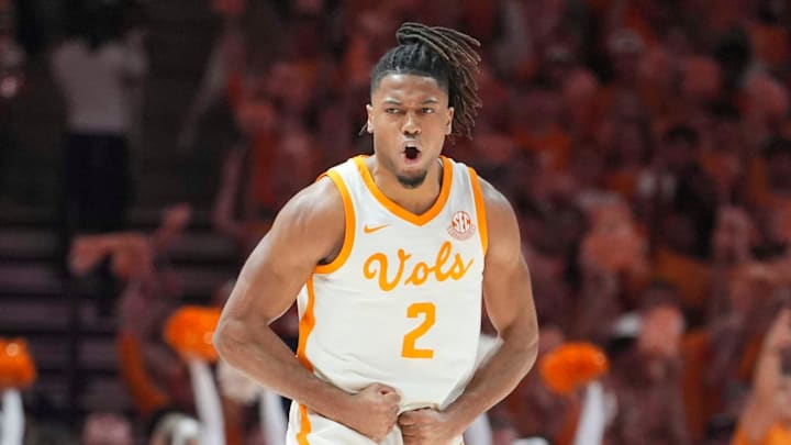 Tennessee's Chaz Lanier (2) celebrates a three-point shot during a men’s college basketball game between Tennessee and Alabama at Thompson-Boling Arena at Food City Center, Saturday, March 1, 2025.