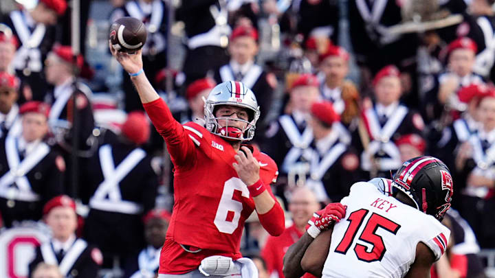 Sep 16, 2023; Columbus, Ohio, USA; Ohio State Buckeyes quarterback Kyle McCord (6) throws a pass