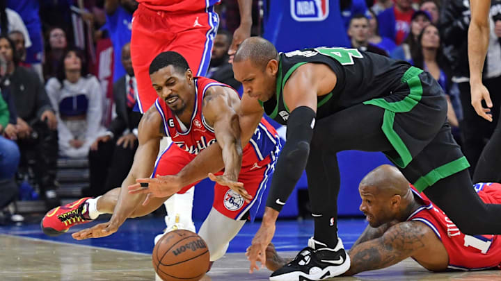 May 5, 2023; Philadelphia, Pennsylvania, USA; Philadelphia 76ers guard De'Anthony Melton (8) and Boston Celtics center Al Horford (42) battle for loose ball during the second quarter of game three of the 2023 NBA playoff at Wells Fargo Center. Mandatory Credit: Eric Hartline-Imagn Images