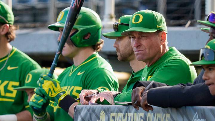 Oregon head coach Mark Wasikowski looks on as the Oregon Ducks host the Youngstown State Penguins on Feb. 19, 2026, at PK Park in Eugene, Oregon.
