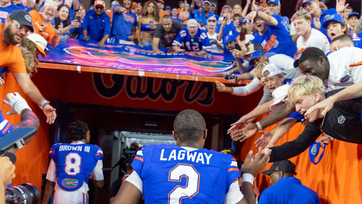 Florida quarterback DJ Lagway (2) greets fans after beating Texas 29-21 on Oct. 4, 2025, at Ben Hill Griffin Stadium Gainesville,.