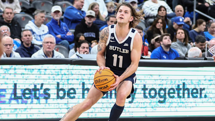 Jan 17, 2026; Newark, New Jersey, USA; Butler Bulldogs guard Finley Bizjack (11) at Prudential Center. Mandatory Credit: Wendell Cruz-Imagn Images Jan 17, 2026; Newark, New Jersey, USA; Butler Bulldogs guard Finley Bizjack (11) at Prudential Center. Mandatory Credit: Wendell Cruz-Imagn Images