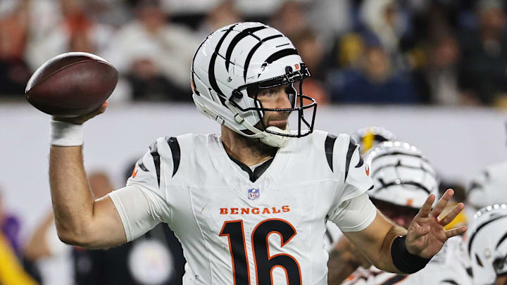 Oct 16, 2025; Cincinnati, Ohio, USA; Cincinnati Bengals quarterback Joe Flacco (16) throws a pass against the Pittsburgh Steelers during the fourth quarter at Paycor Stadium. Mandatory Credit: Joseph Maiorana-Imagn Images