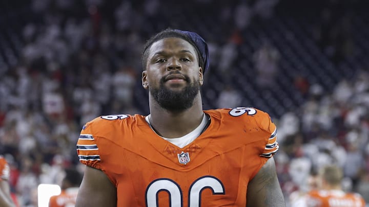 Sep 15, 2024; Houston, Texas, USA; Chicago Bears defensive tackle Zacch Pickens (96) after the game against the Houston Texans at NRG Stadium. Mandatory Credit: Troy Taormina-Imagn Images