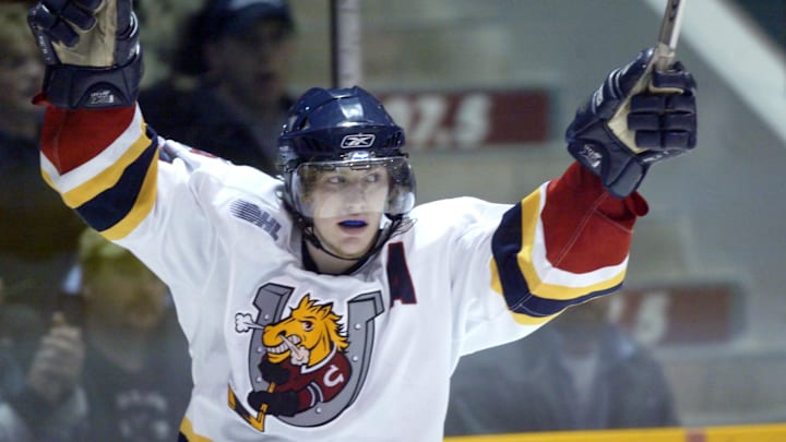 Mar 19, 2005; Barrie, ON; file photo; Barrie Colts centre (18) Bryan Little celebrates a goal against Brampton Battalion (not pictured) in OHL action during the 2005 playoffs at the Molson Centre in Barrie. Little is ranked 7th by NHL Central Scouting for the 2006 draft. Mandatory Credit: Photo By John Sokolowski- © Copyright John Sokolowski