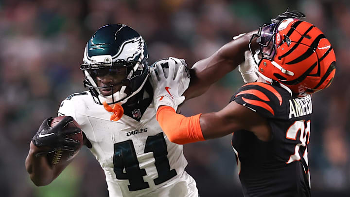 Aug 7, 2025; Philadelphia, Pennsylvania, USA; Philadelphia Eagles wide receiver Darius Cooper (41) runs with the ball against Cincinnati Bengals safety Tycen Anderson (26) after a catch during the second quarter at Lincoln Financial Field. Mandatory Credit: Bill Streicher-Imagn Images