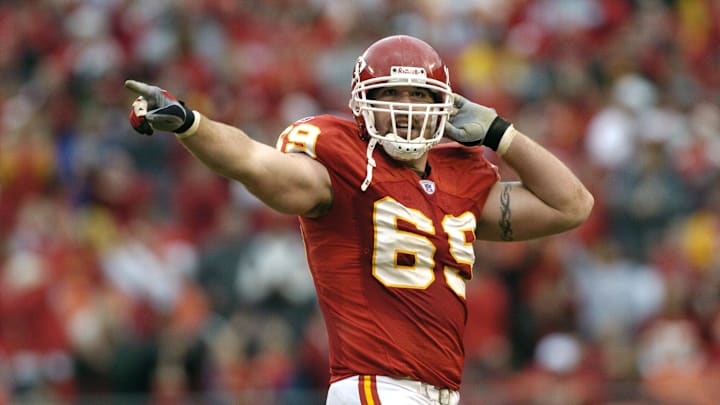 Nov 27, 2005; Kansas City, MO, USA; Kansas City Chiefs defensive end (69) Jared Allen celebrates after sacking New England Patriots quarterback (12) Tom Brady(not pictured) in the first half at Arrowhead Stadium in Kansas City, MO. Mandatory Credit: John Rieger-Imagn Images Copyright (c) 2005 John Rieger