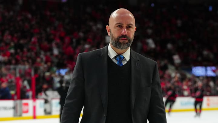Apr 7, 2024; Raleigh, North Carolina, USA;  Columbus Blue Jackets head coach Pascal Vincent comes off the ice after their loss to the Carolina Hurricanes at PNC Arena. Mandatory Credit: James Guillory-USA TODAY Sports