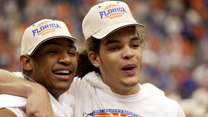 Gators forward Joakim Noah celebrates with Al Horford after winning the SEC Tournament championship in 2007.