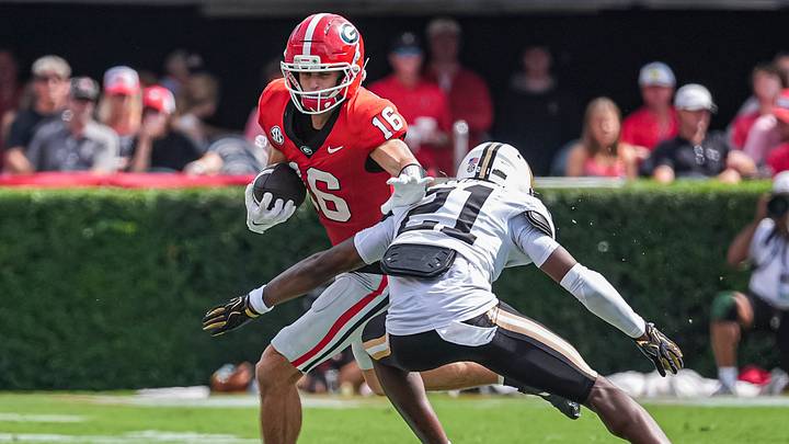 Oct 3, 2026; Athens, Georgia, USA; Georgia Bulldogs wide receiver London Humphreys (16) runs against Vanderbilt Commodores safety Davin Chandler (21) at Sanford Stadium. Mandatory Credit: Dale Zanine-Imagn Images