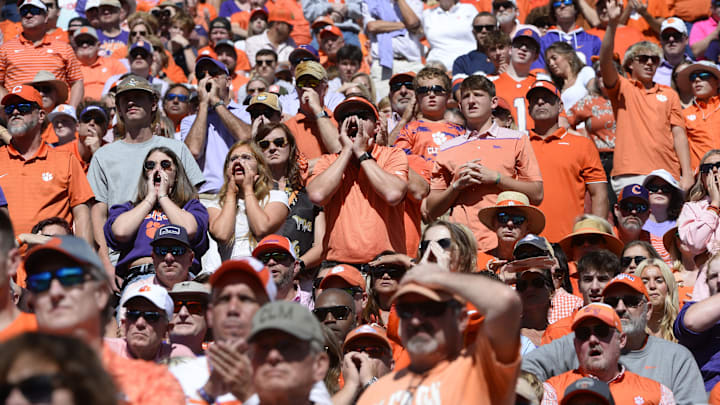 Oct 19, 2024; Clemson, South Carolina, USA; Clemson Tigers fans react during a game against the Virginia Cavaliers at Memorial Stadium. Mandatory Credit: Alexander Hicks-Imagn Images