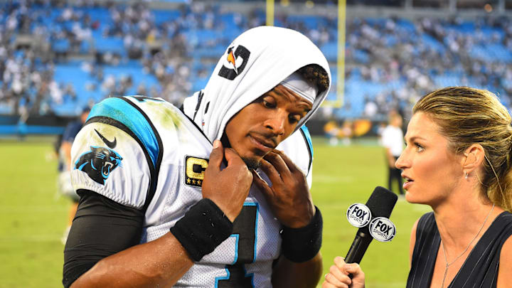 Sep 9, 2018; Charlotte, NC, USA; Carolina Panthers quarterback Cam Newton (1) is interviewed by Fox Sports reporter Erin Andrews after the game at Bank of America Stadium.