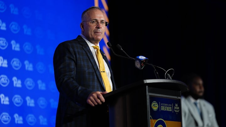 Jul 23, 2025; Charlotte, NC, USA; Pittsburgh Head Coach Pat Narduzzi answers questions from the media during ACC Media days at Hilton Charlotte Uptown. Mandatory Credit: Jim Dedmon-Imagn Images Jul 23, 2025; Charlotte, NC, USA; Pittsburgh Head Coach Pat Narduzzi answers questions from the media during ACC Media days at Hilton Charlotte Uptown. Mandatory Credit: Jim Dedmon-Imagn Images