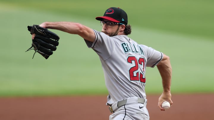 Arizona Diamondbacks starting pitcher Zac Gallen (23) throws against the Atlanta Braves in the first inning at Truist Park on June 3. 