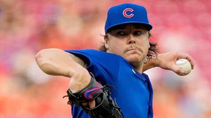 Chicago Cubs starting pitcher Justin Steele (35) throws a pitch in the first inning of the MLB National League game between the Cincinnati Reds and the Chicago Cubs at Great American Ball Park in downtown Cincinnati on Tuesday, July 30, 2024.