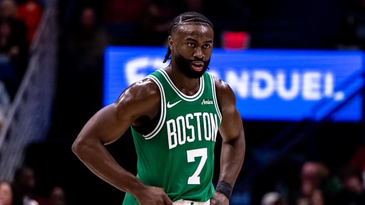 Jan 31, 2025; New Orleans, Louisiana, USA;  Boston Celtics guard Jaylen Brown (7) looks on against the New Orleans Pelicans during the first half at Smoothie King Center. Mandatory Credit: Stephen Lew-Imagn Images