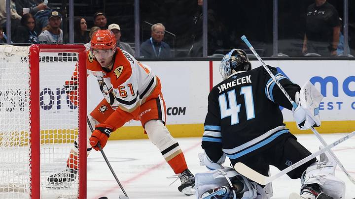 Mar 20, 2026; Salt Lake City, Utah, USA; Anaheim Ducks left wing Cutter Gauthier (61) sends a puck past Utah Mammoth goaltender Vitek Vanecek (41) but missed the net during the third period at Delta Center. Mandatory Credit: Rob Gray-Imagn Images Mar 20, 2026; Salt Lake City, Utah, USA; Anaheim Ducks left wing Cutter Gauthier (61) sends a puck past Utah Mammoth goaltender Vitek Vanecek (41) but missed the net during the third period at Delta Center. Mandatory Credit: Rob Gray-Imagn Images