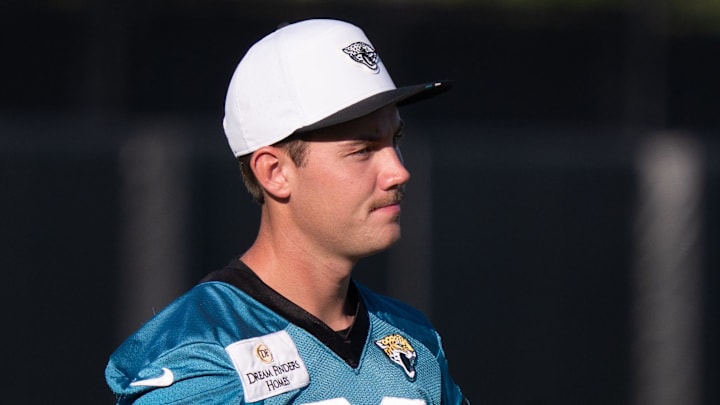 Jacksonville Jaguars place kicker Cam Little (39) spins the ball during the Jacksonville Jaguars’ 18th and final training camp practice at Miller Electric Center in Jacksonville, Fla. Wednesday August 20, 2025. [Doug Engle/Florida Times-Union]