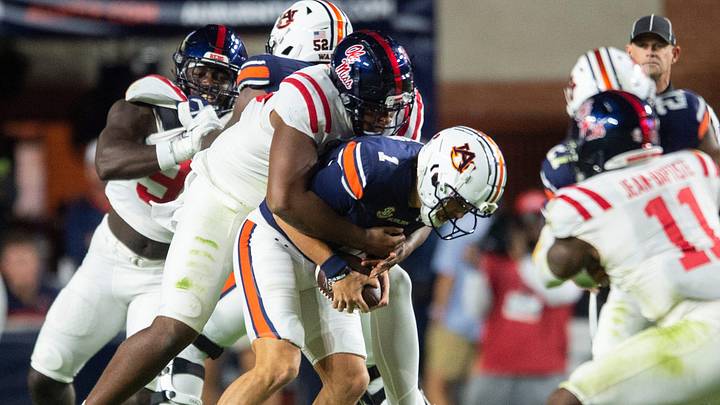 Auburn Tigers quarterback Payton Thorne (1) is sacked as Auburn Tigers take on Mississippi Rebels at Jordan-Hare Stadium in Auburn, Ala., on Saturday, Oct. 21, 2023. Mississippi Rebels defeated Auburn Tigers 28-21. Auburn Tigers quarterback Payton Thorne (1) is sacked as Auburn Tigers take on Mississippi Rebels at Jordan-Hare Stadium in Auburn, Ala., on Saturday, Oct. 21, 2023. Mississippi Rebels defeated Auburn Tigers 28-21.