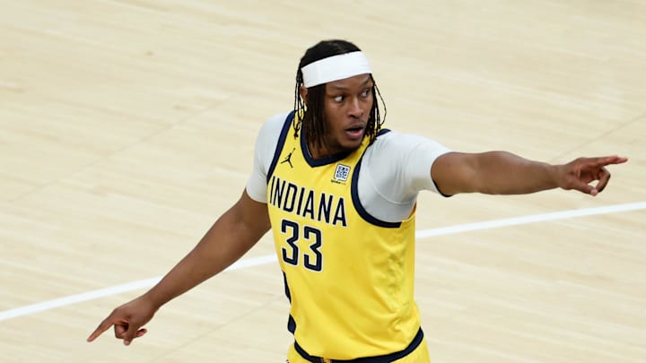 Jun 19, 2025; Indianapolis, Indiana, USA; Indiana Pacers center Myles Turner (33) reacts in the first quarter during game six of the 2025 NBA Finals against the Oklahoma City Thunder at Gainbridge Fieldhouse. Mandatory Credit: Trevor Ruszkowski-Imagn Images Jun 19, 2025; Indianapolis, Indiana, USA; Indiana Pacers center Myles Turner (33) reacts in the first quarter during game six of the 2025 NBA Finals against the Oklahoma City Thunder at Gainbridge Fieldhouse. Mandatory Credit: Trevor Ruszkowski-Imagn Images