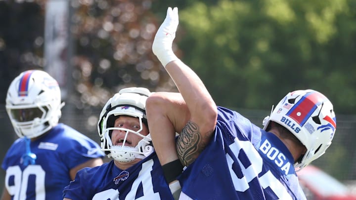 Bills defensive edge Landon Jackson cuts inside on edge Joey Bosa during line drills at St. John Fisher University Thursday, July 24, 2025 in Pittsford.