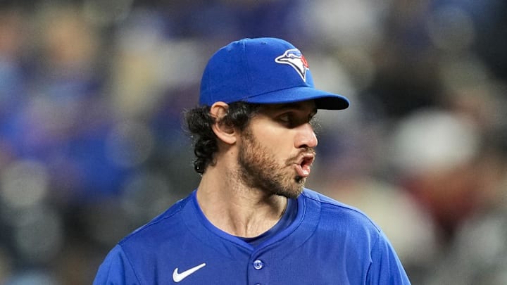Toronto Blue Jays relief pitcher Jordan Romano (68) pitches during the ninth inning against the Kansas City Royals at Kauffman Stadium on April 22.