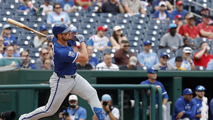 Sep 26, 2024; Washington, District of Columbia, USA; Kansas City Royals outfielder Hunter Renfroe (16) hits a solo home run against the Washington Nationals during the second inning at Nationals Park. Mandatory Credit: Geoff Burke-Imagn Images Sep 26, 2024; Washington, District of Columbia, USA; Kansas City Royals outfielder Hunter Renfroe (16) hits a solo home run against the Washington Nationals during the second inning at Nationals Park. Mandatory Credit: Geoff Burke-Imagn Images