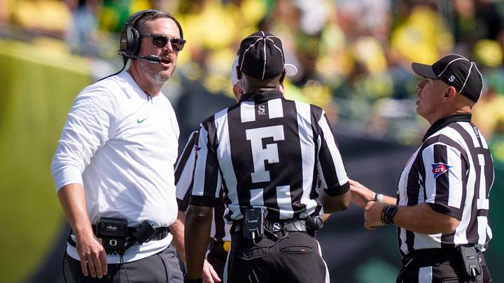 Oregon head coach Dan Lanning talks to the referees as the Oregon Ducks host the Boise State Broncos on Sept. 5, 2026, at Autzen Stadium in Eugene, Oregon.