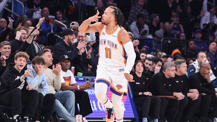 Jan 17, 2025; New York, New York, USA; New York Knicks guard Jalen Brunson (11) celebrates after making a three point shot in the first quarter against the Minnesota Timberwolves at Madison Square Garden. Mandatory Credit: Wendell Cruz-Imagn Images