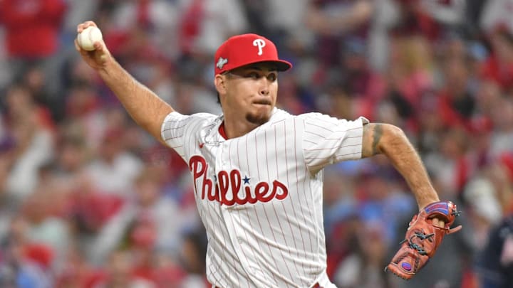 Oct 11, 2023; Philadelphia, Pennsylvania, USA; Philadelphia Phillies relief pitcher Orion Kerkering