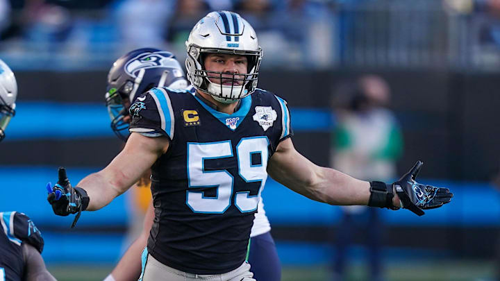 Dec 15, 2019; Charlotte, NC, USA; Carolina Panthers middle linebacker Luke Kuechly (59) looks back to the ref after a play against the Seattle Seahawks during the second half at Bank of America Stadium. Mandatory Credit: Jim Dedmon-Imagn Images