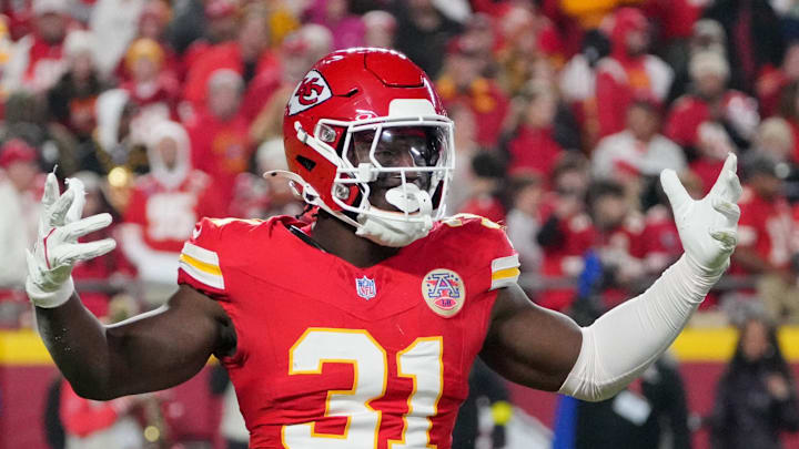 Oct 27, 2025; Kansas City, Missouri, USA; Kansas City Chiefs linebacker Jeffrey Bassa (31) reacts after a play against the Washington Commanders during the fourth quarter of the game at GEHA Field at Arrowhead Stadium. Mandatory Credit: Denny Medley-Imagn Images