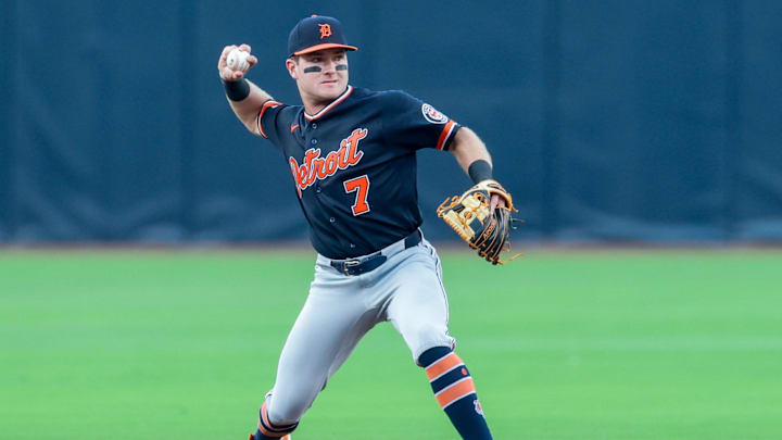 Detroit Tigers shortstop Kevin McGonigle makes the throw to first base during the first inning against the San Diego Padres at Petco Park. 